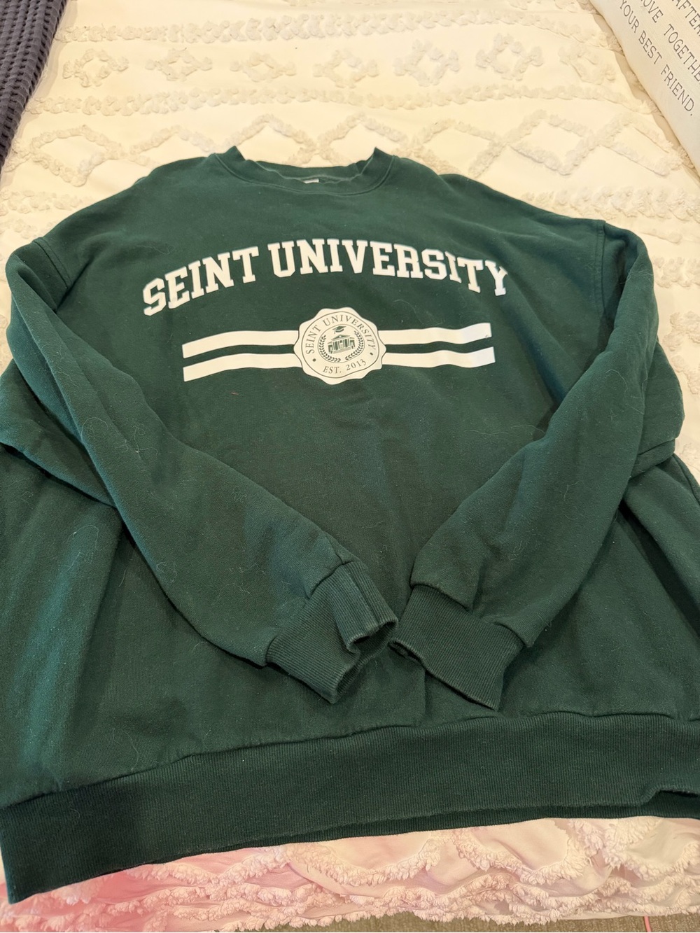 Saint University Dark Green Crew Sweatshirt with White Logo